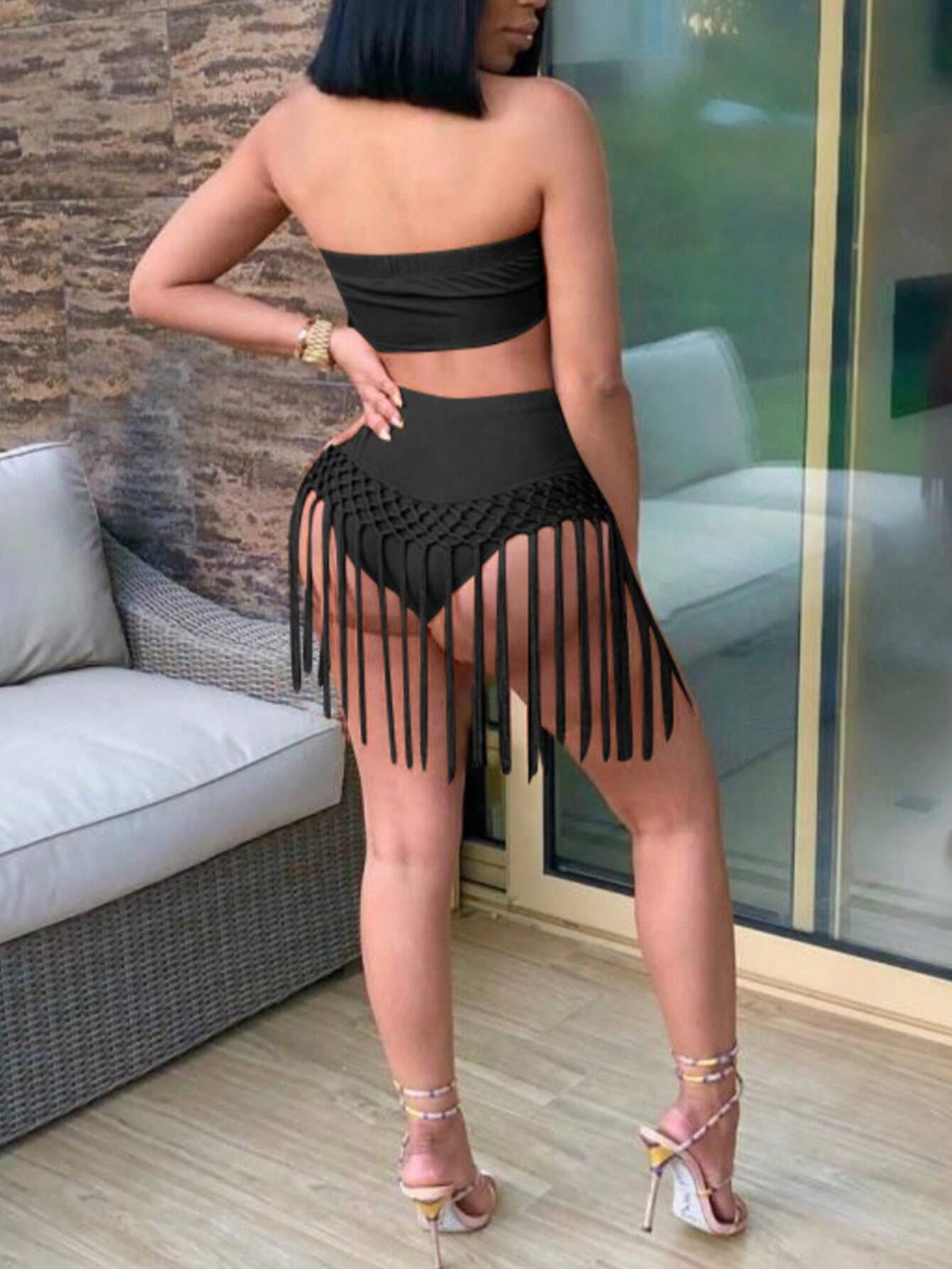 SHEIN Bottom de bikini de moda, sexy y de cintura alta con flecos