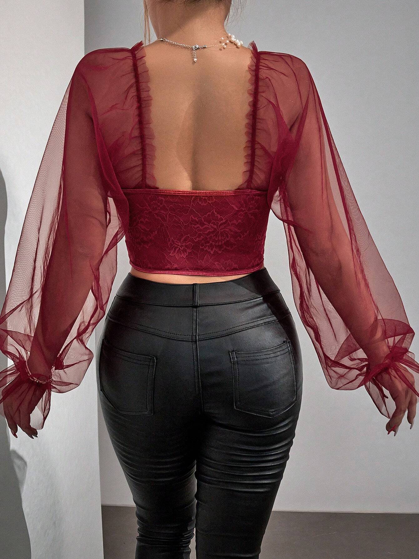 SHEIN - BAE Top elegante de malla y encaje para mujer
