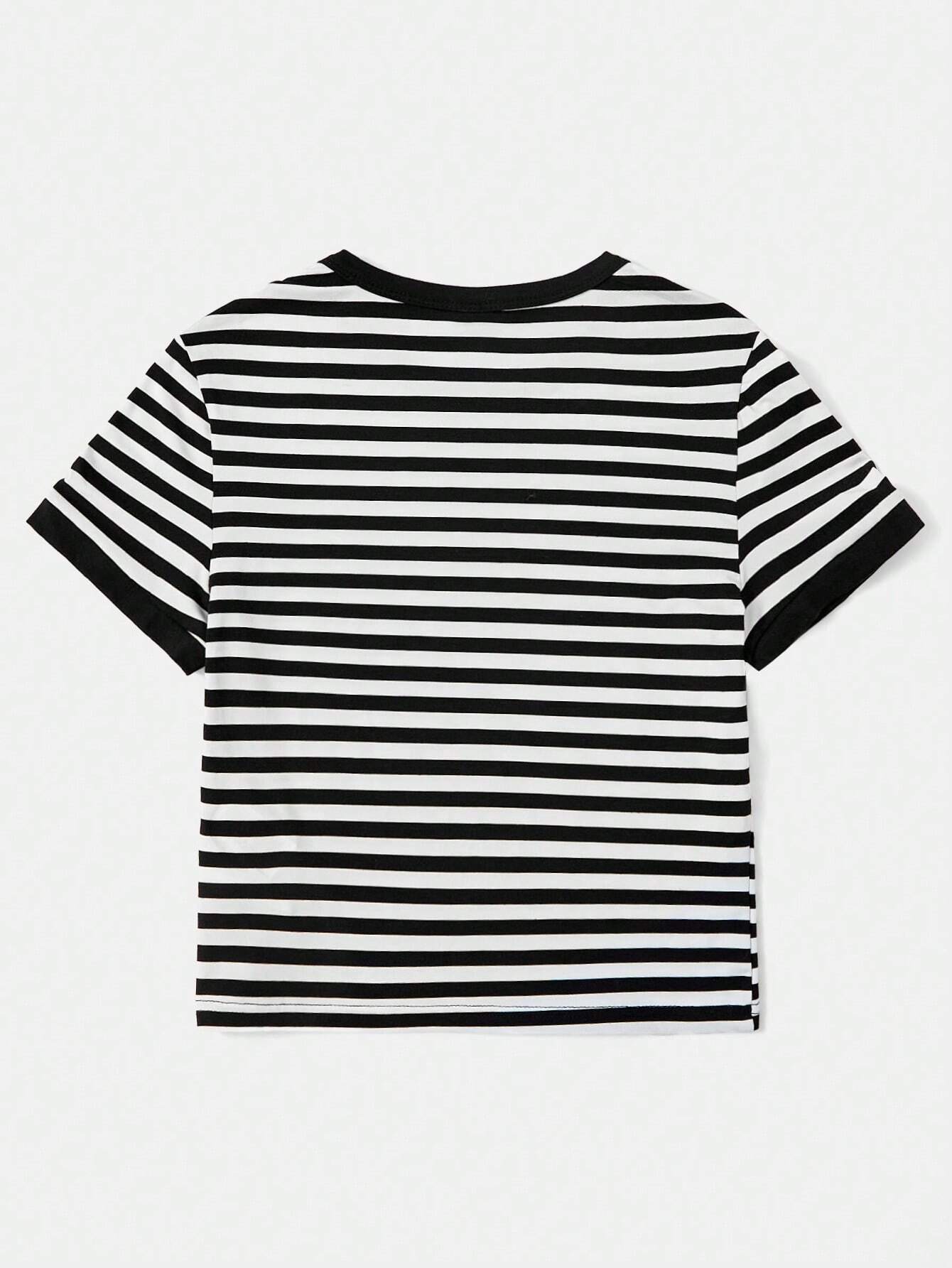 SHEIN- Camiseta crop con estampado de rayas con bordado de corazón/ MUJER