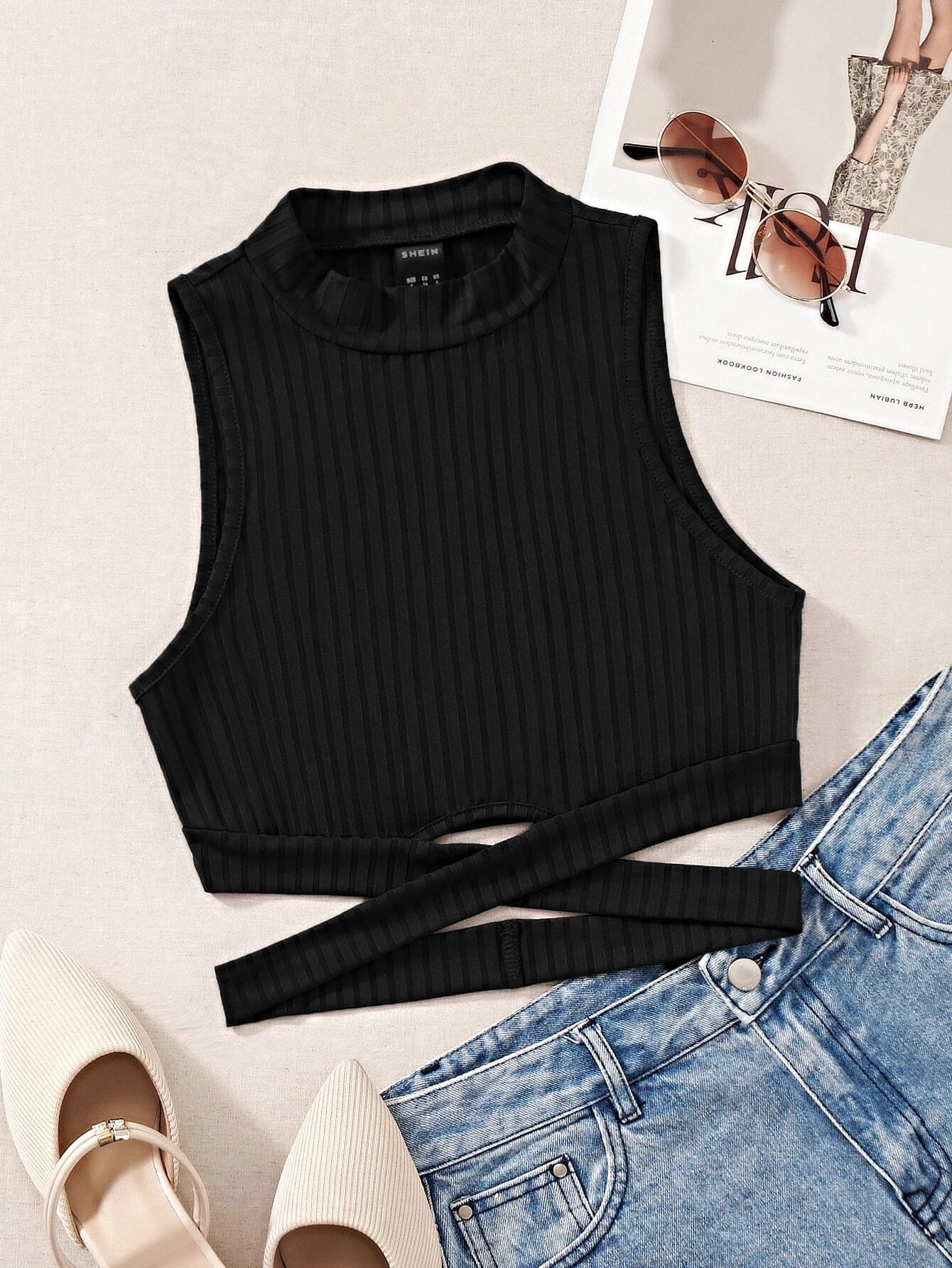 SHEIN EZwear Top tank tejido de canalé con tira cruzada