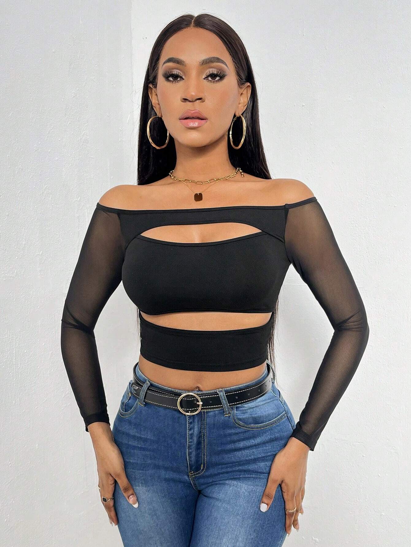 SHEIN Essnce Top crop de hombros descubiertos con abertura delantera