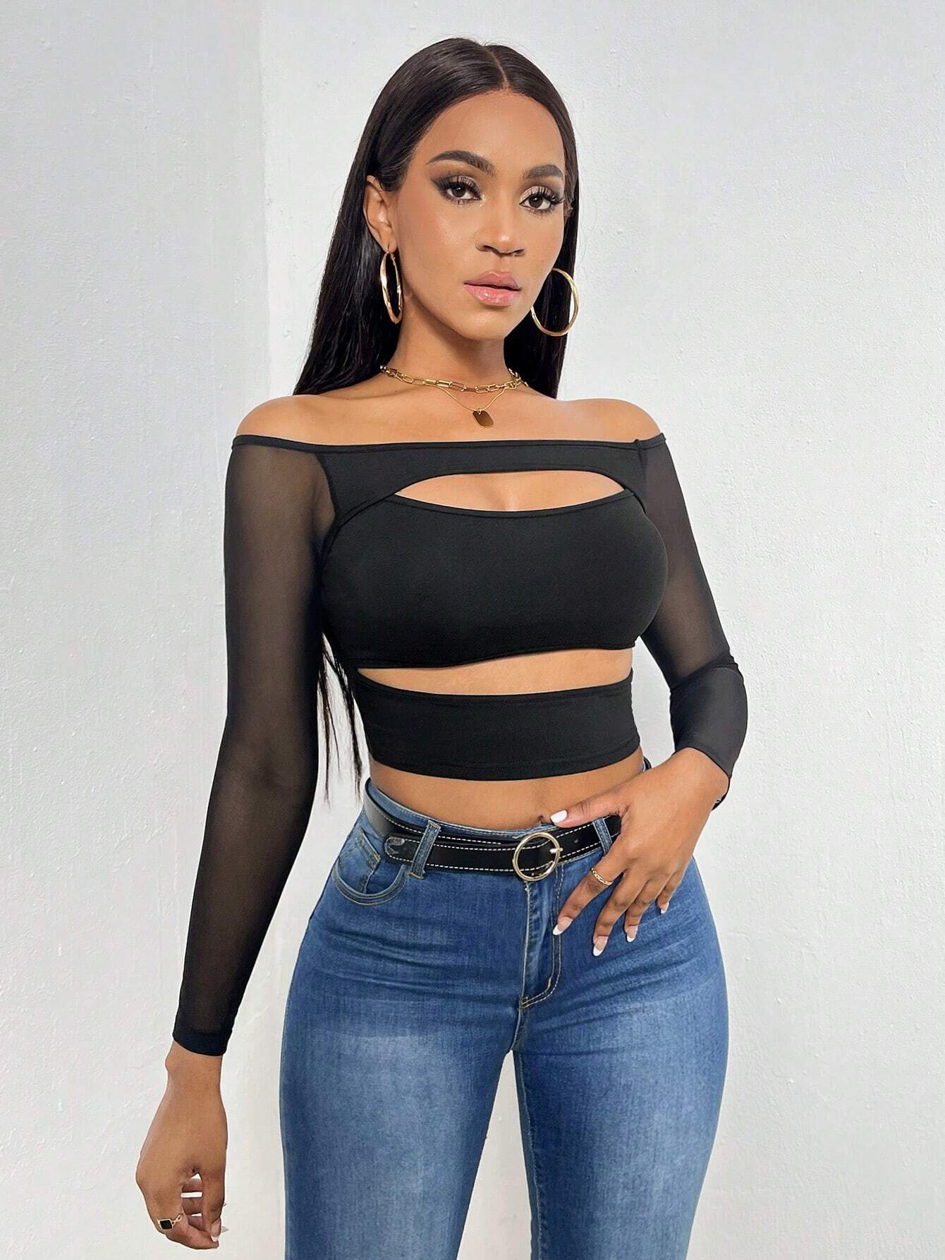 SHEIN Essnce Top crop de hombros descubiertos con abertura delantera