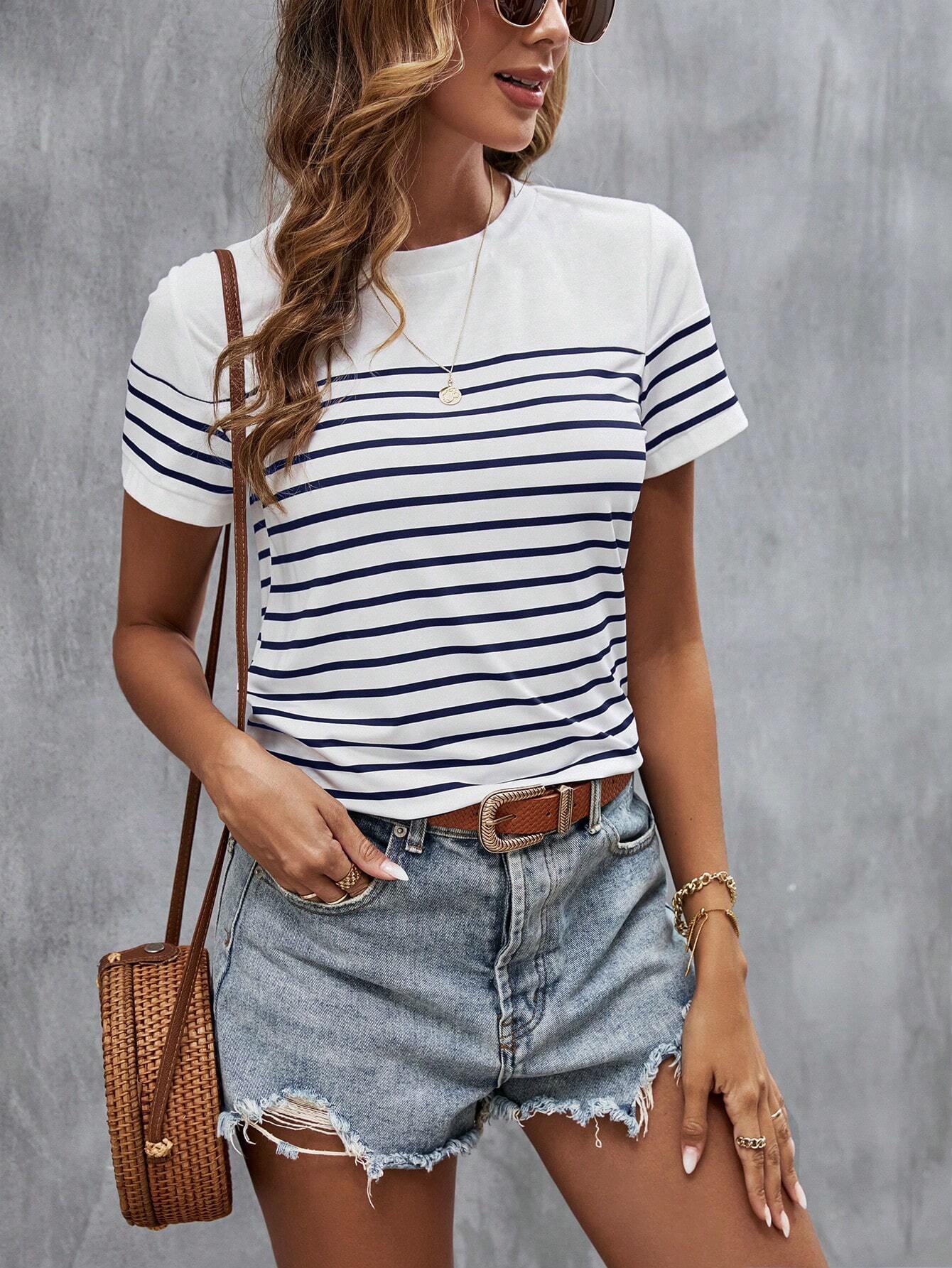 SHEIN - LUNE Camiseta con estampado de rayas