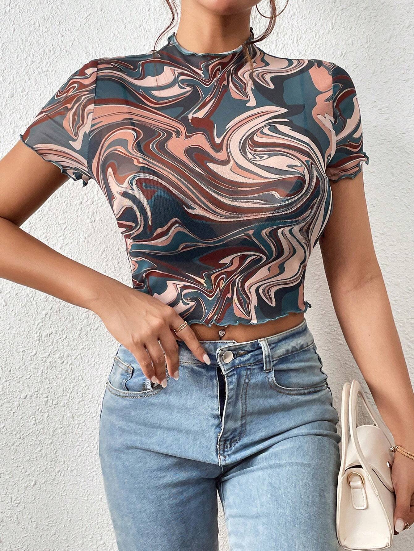 SHEIN-Top con estampado de mármol de cuello alto/ MUJER