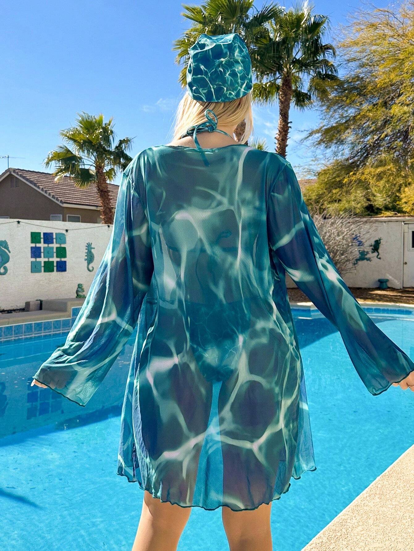 SHEIN Swim Conjunto de bikini completo de mujer con impresión completa