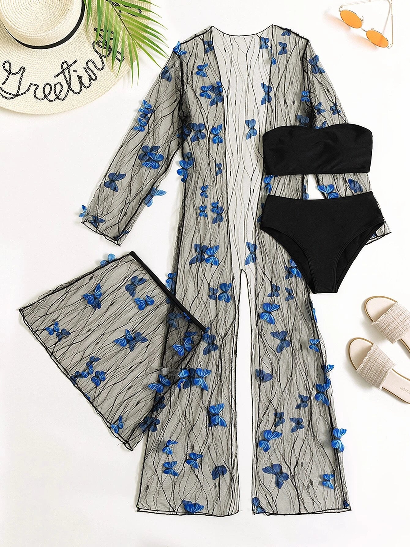 SHEIN VCAY Conjunto de bikini de malla transparente con apliques de mariposa