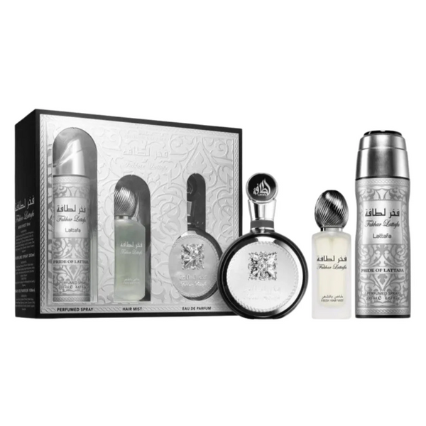 LATTAFA- Set Fakhar Silver 3.4 Oz 3.4 Oz Edp Spray 1.7 Oz 1.5 Oz Fresh Hair Mist
6.67 Oz Edp. MEN