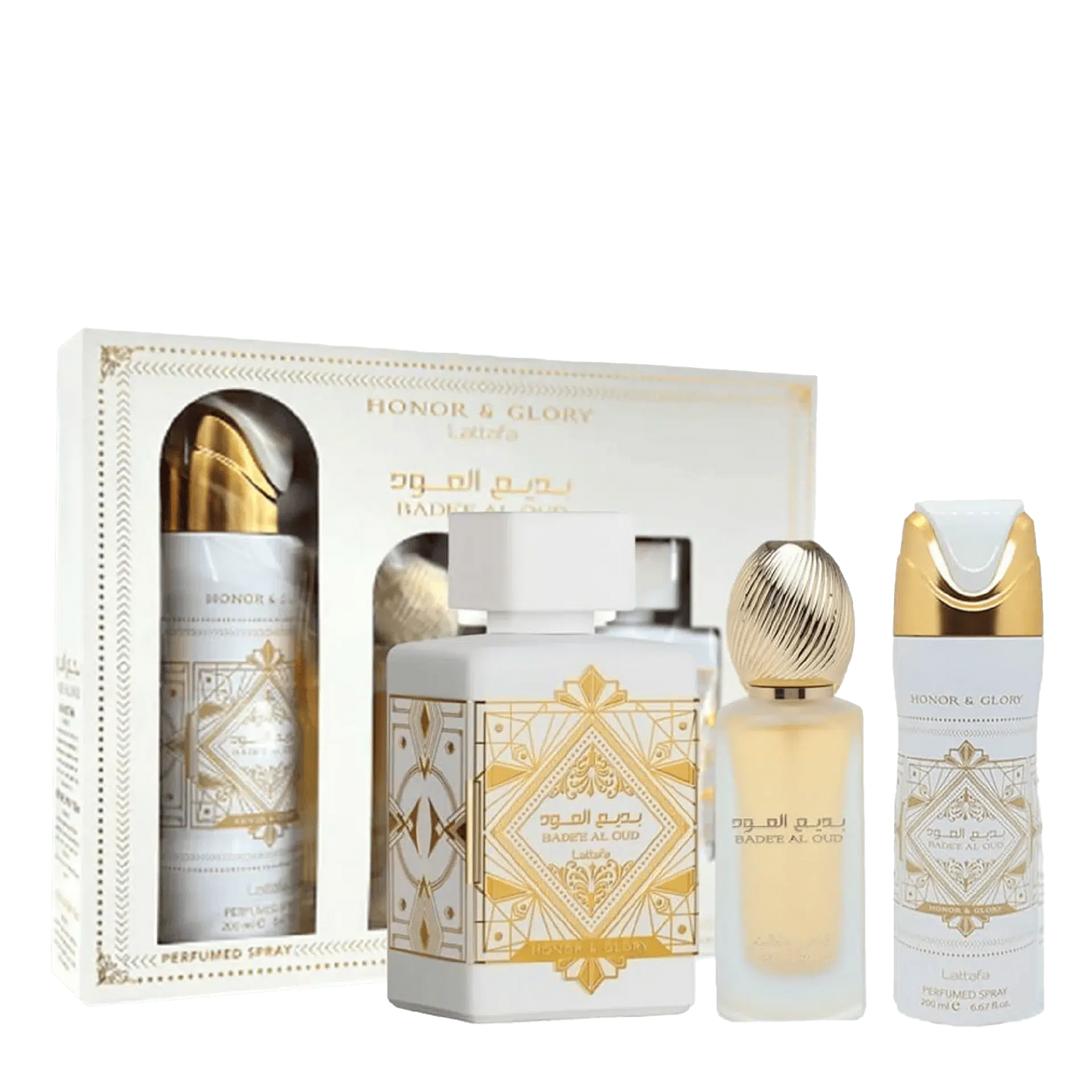 LATTAFA- Set Badee Al Oud Honor And Glory 3 Pcs 100 Oz Edp + 200 Oz Deo + 1.7 Oz Hairmist