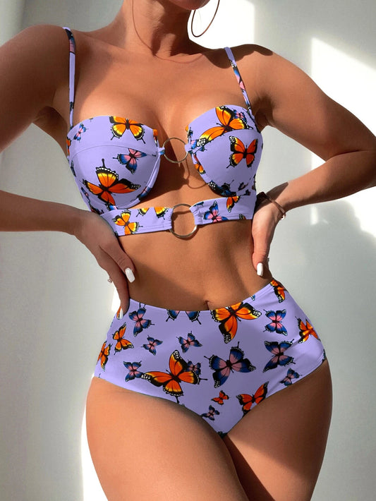 SHEIN Bikini push up con enlace de anillo y estampado de mariposa