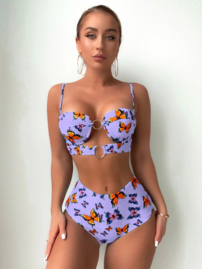 SHEIN Bikini push up con enlace de anillo y estampado de mariposa