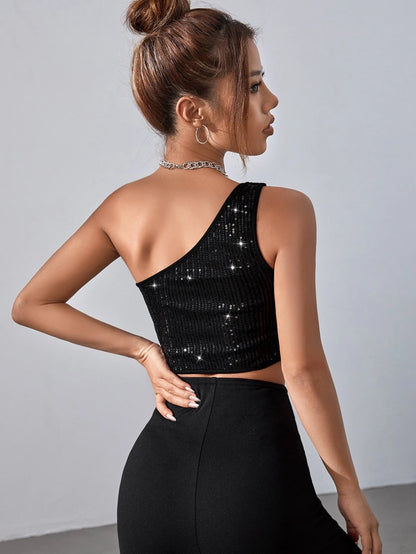 SHEIN BAE Top crop de un hombro con lentejuelas