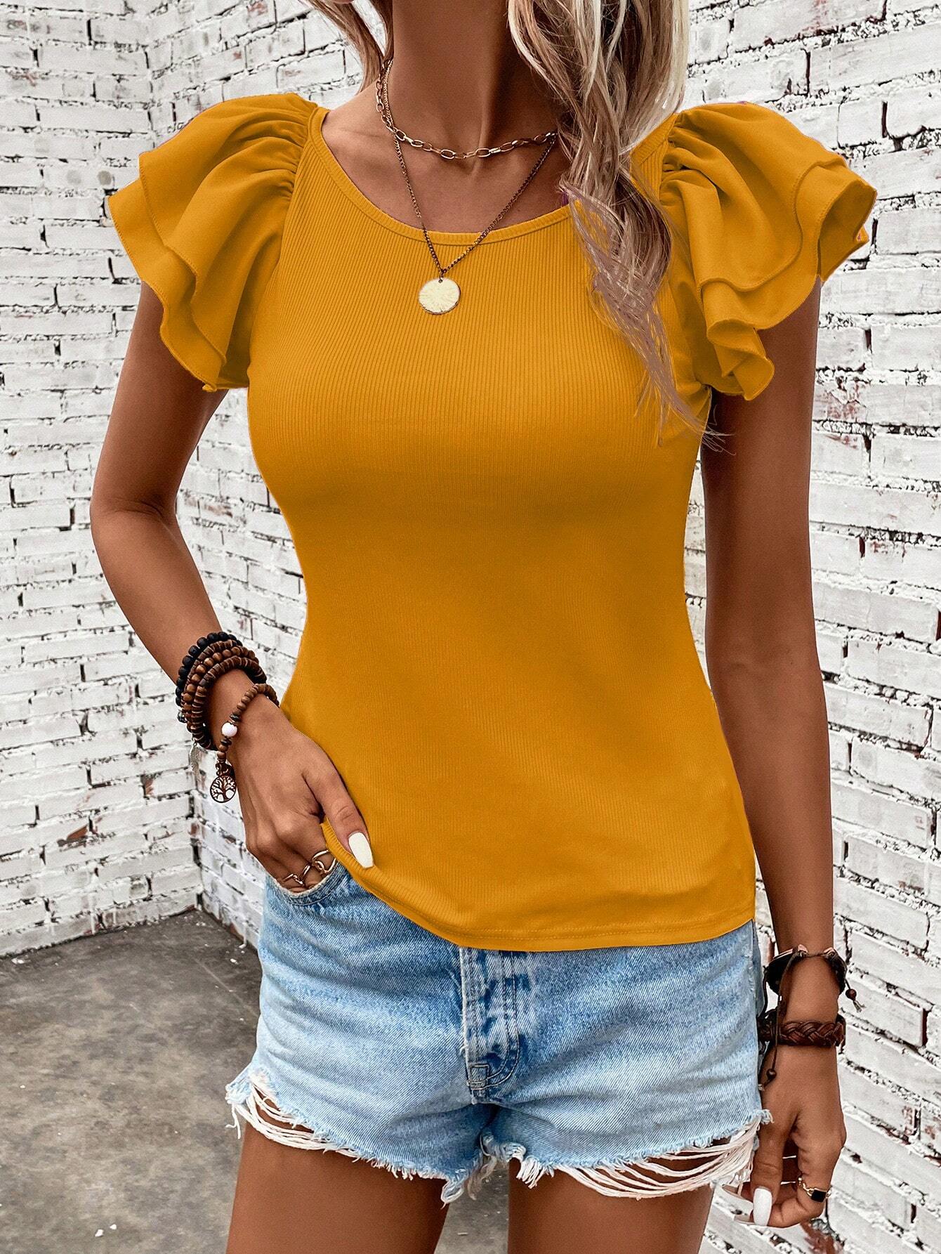 SHEIN - Clasi Camiseta unicolor de manga mariposa
