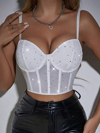 SHEIN - Glamour Top Corto Sin Mangas Con Diamantes