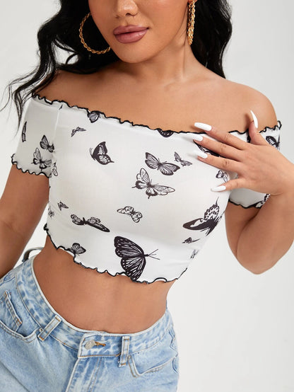 SHEIN Privé Camiseta con estampado de mariposa ribete
