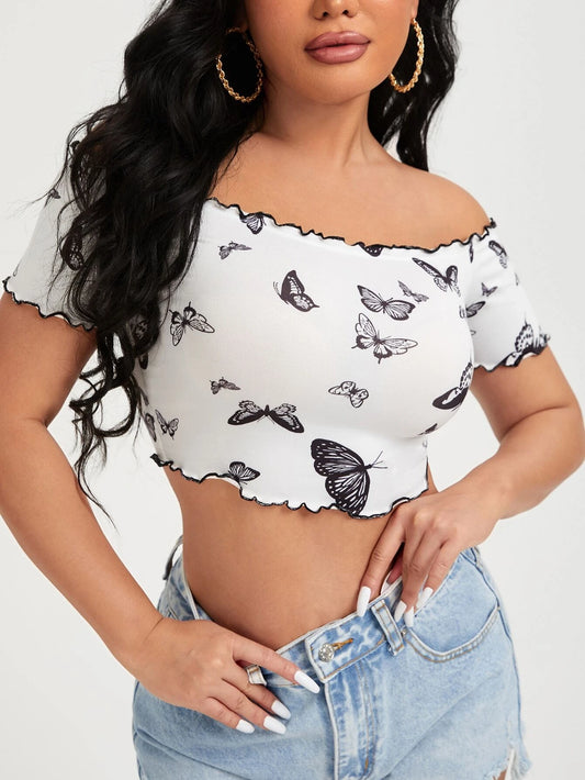 SHEIN Privé Camiseta con estampado de mariposa ribete