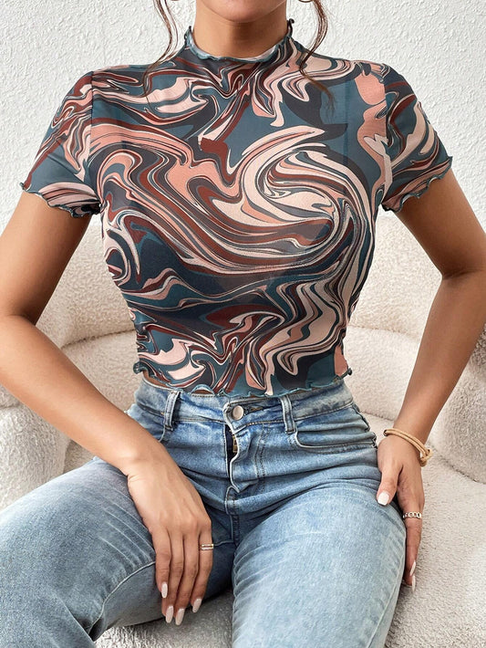 SHEIN-Top con estampado de mármol de cuello alto/ MUJER