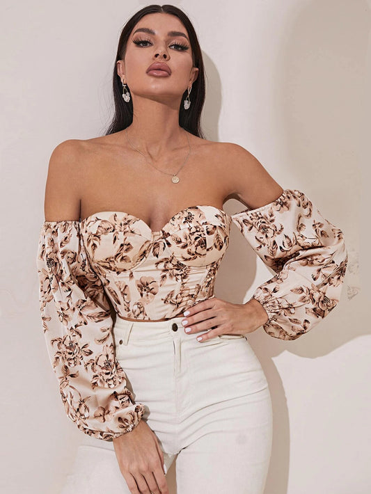 SHEIN Privé Top corto de hombros descubiertos con estampado floral