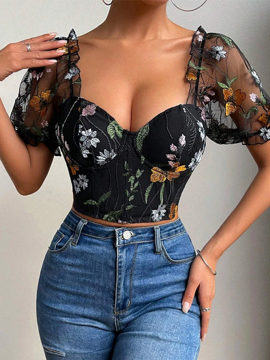 SHEIN - Privé Top crop bustier con bordado floral