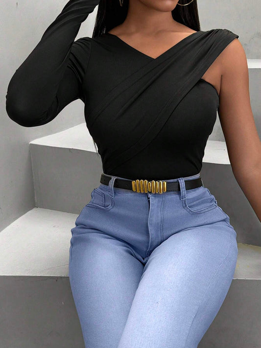 SHEIN - Slayr Camiseta De Señora Entallada Con Cuello En V