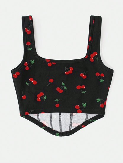 SHEIN - VCAY Top de punto de verano con estampado de cerezas