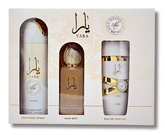 LATTAFA- Set Yara Moi 3.4 Oz + 6.8 Oz Deo + 1.7 Oz Hairmist Edp. WOMEN