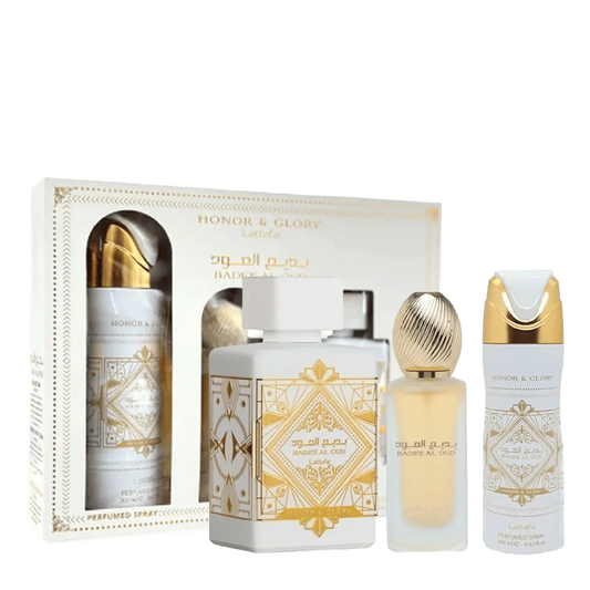 LATTAFA- Set Badee Al Oud Honor And Glory 3 Pcs 100 Oz Edp + 200 Oz Deo + 1.7 Oz Hairmist