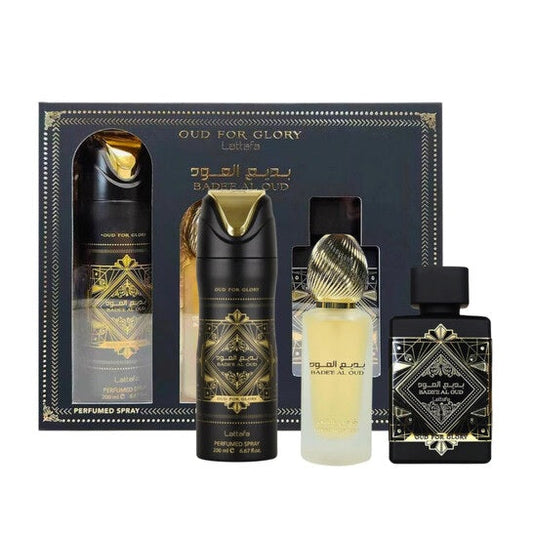 LATTAFA- Set Badee Al Oud Glory 3 Pc 3.4 Oz Edp / 6.7 Oz Deo / 1.7 Oz Hairmist. UNISEX