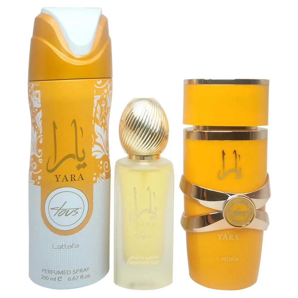 LATTAFA- Set Yara Tous 3.4 Oz + 6.8 Oz Deo +
1.7 Oz Hairmist Edp. WOMEN